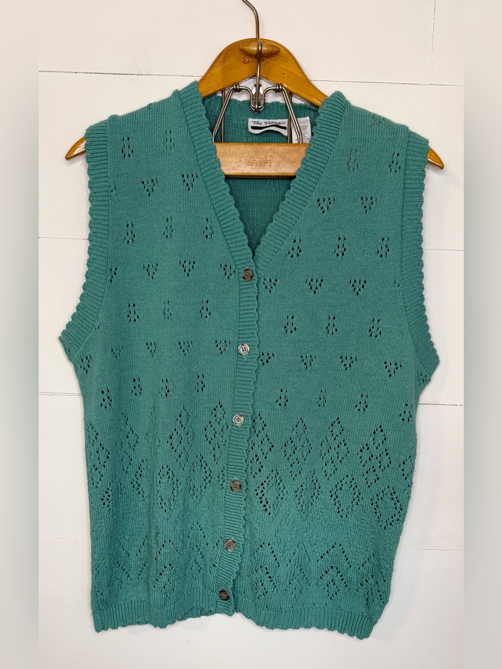 The Villager Vintage Openwork Button-Front Sweater Vest in Teal Green
